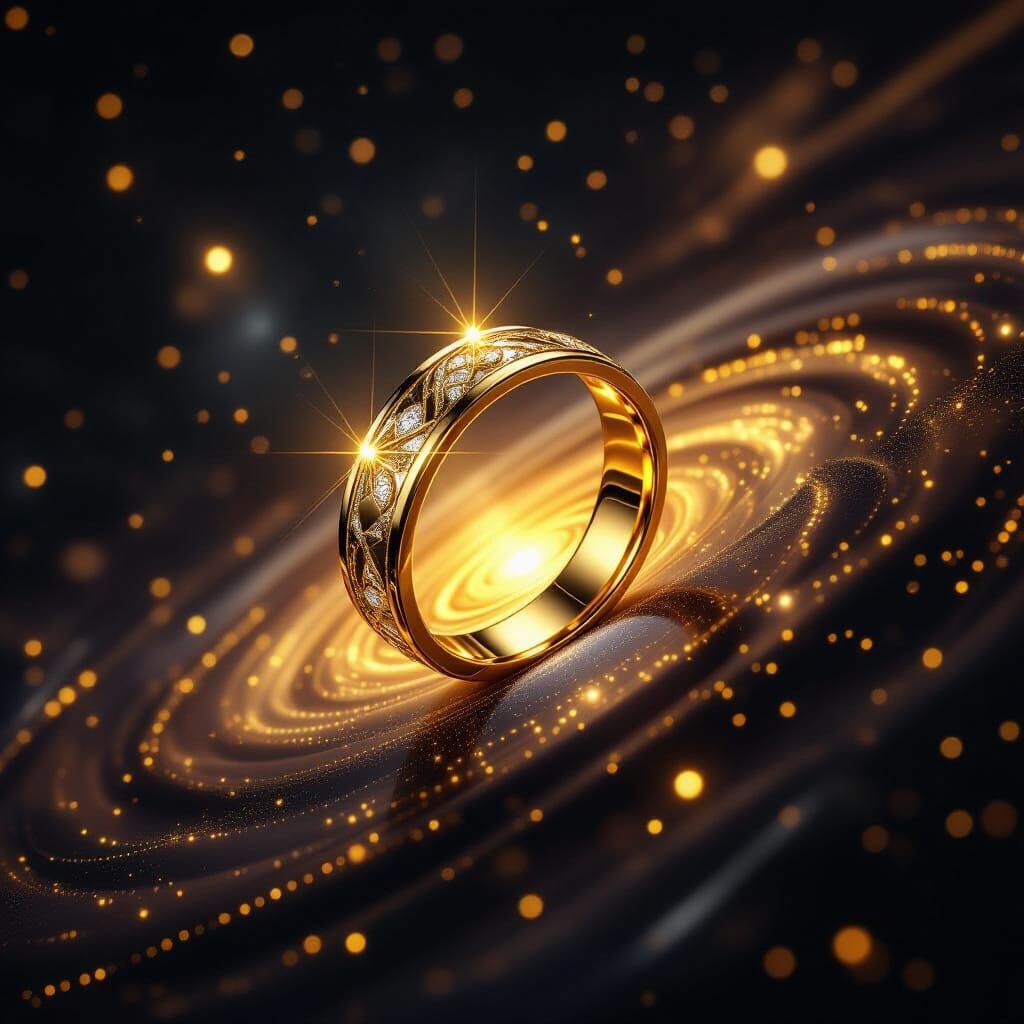 Hyperrealistic Gold Ring in Cosmic Galaxy