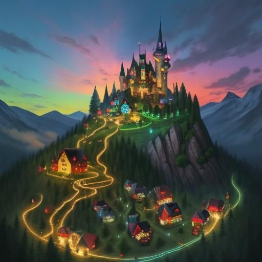 Glowing Fairy Tale Village in Mountain Landscape