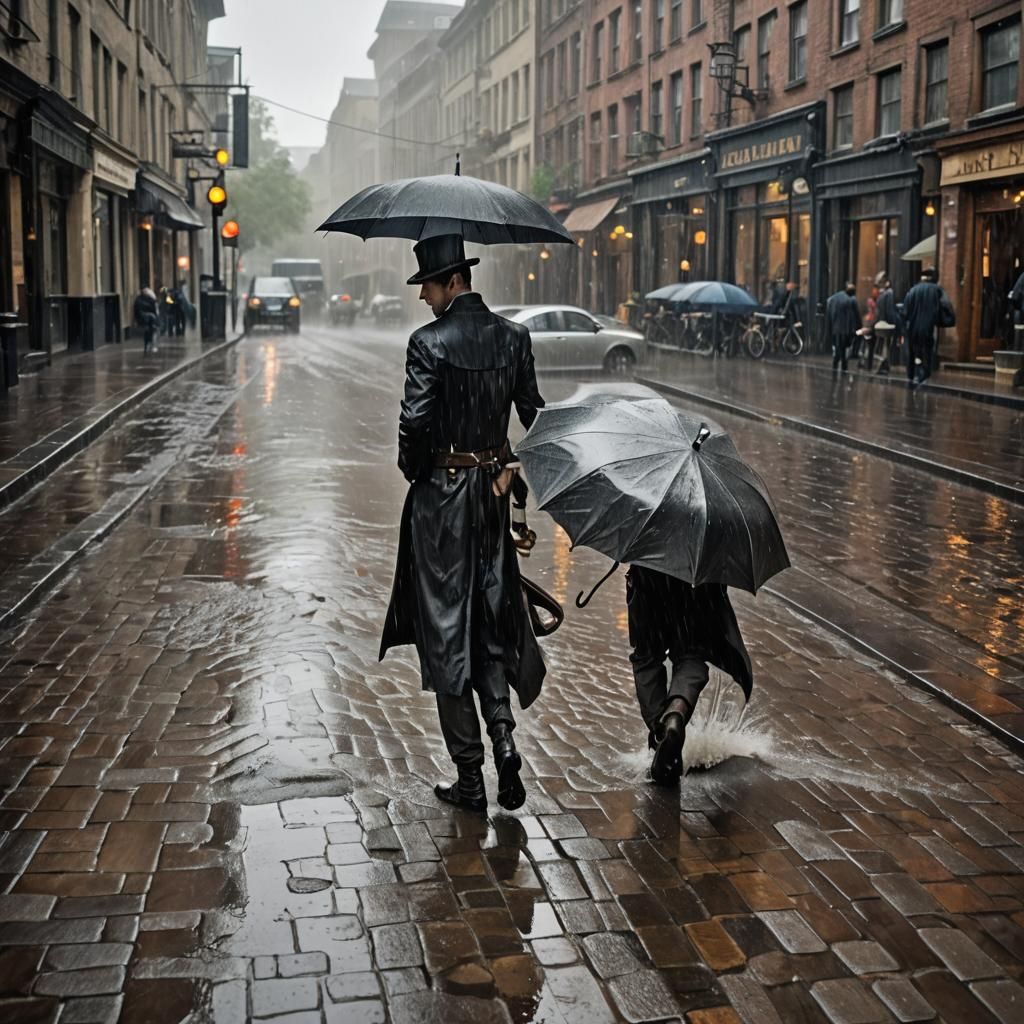 Steampunk Man Running in Intense Rain