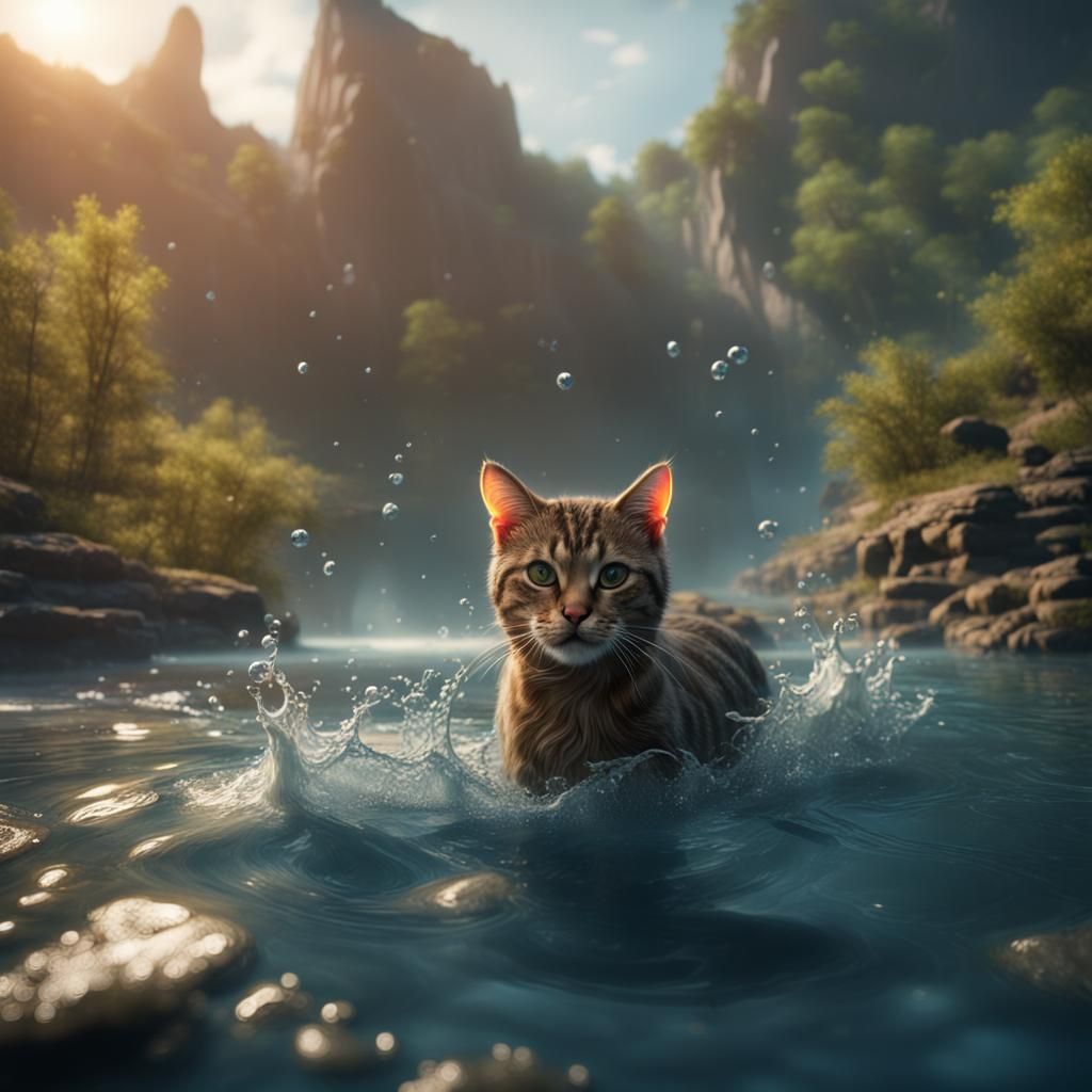 Cat Swimming in River: Detailed Matte Painting