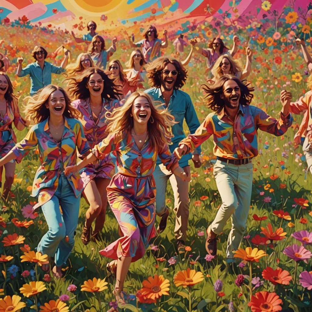 Psychedelic Pop Art: Hippies Dancing in Floral Meadow