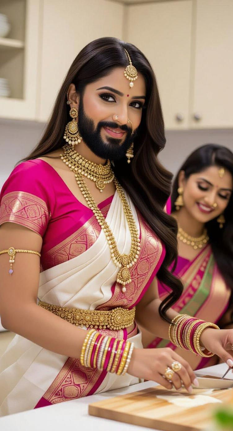 Indian Sissy in Kitchen with Traditional Dress and Jewelry