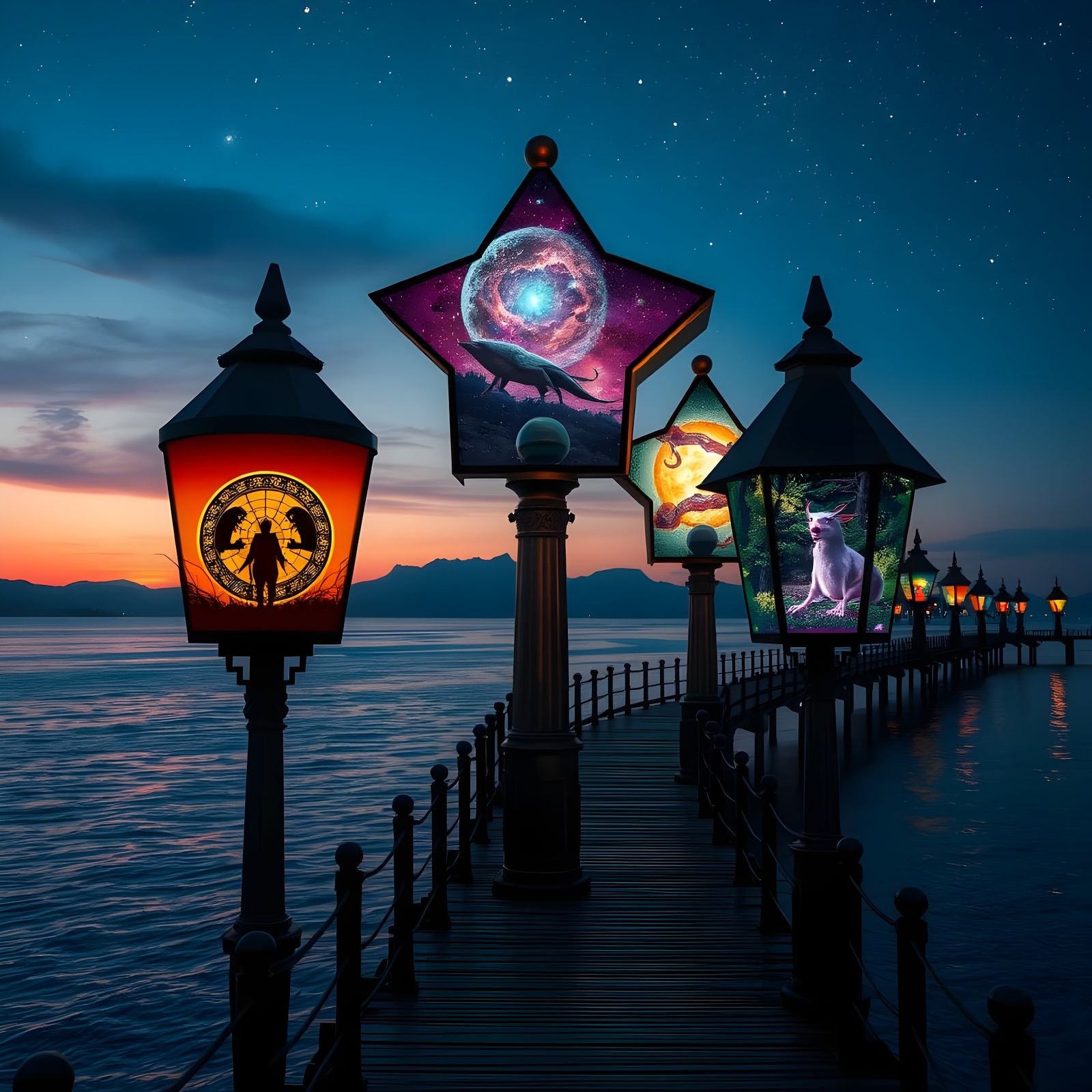 Surreal Star-Shaped Lamps on Pier at Night