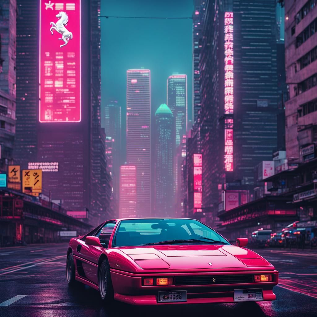 Vaporwave 80s Pixel Art of Hong Kong with Ferrari
