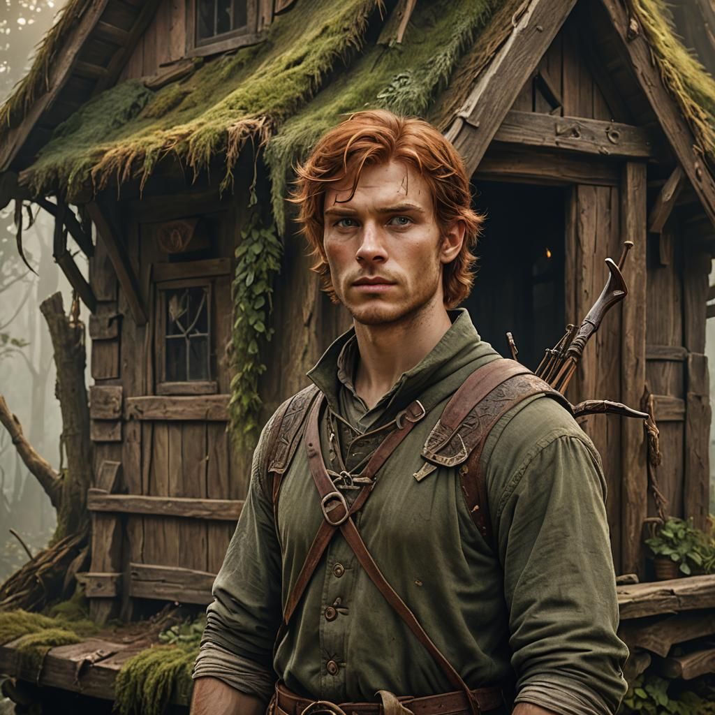 Young Man with Bow in Misty Forest