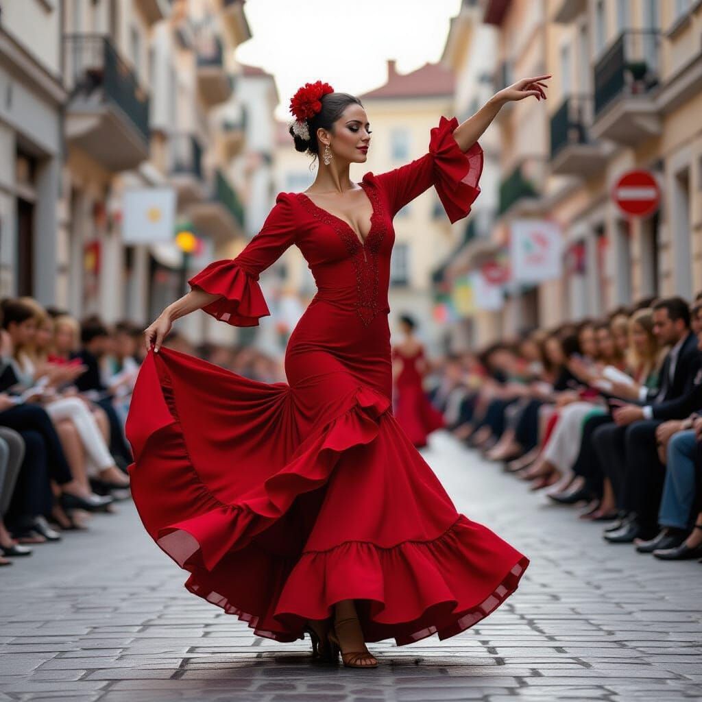 Flamenco Dancer in Crimson Dress, Impressionist Style