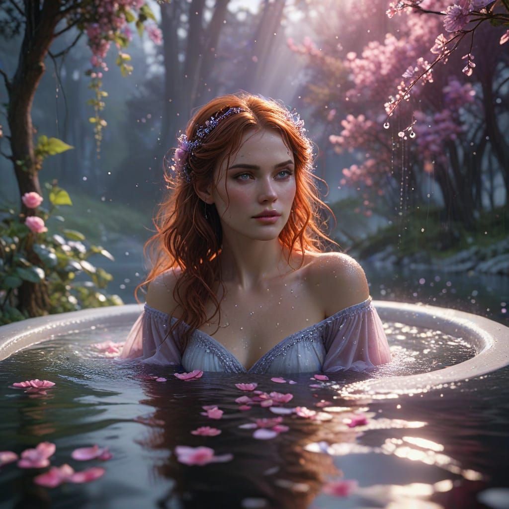 Woman in Gem-Filled Tub on Lake, Fantasy Art