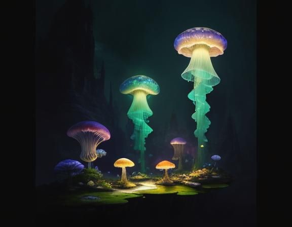 Jellyfish in Toadstool Forest, Beatrix Potter Style