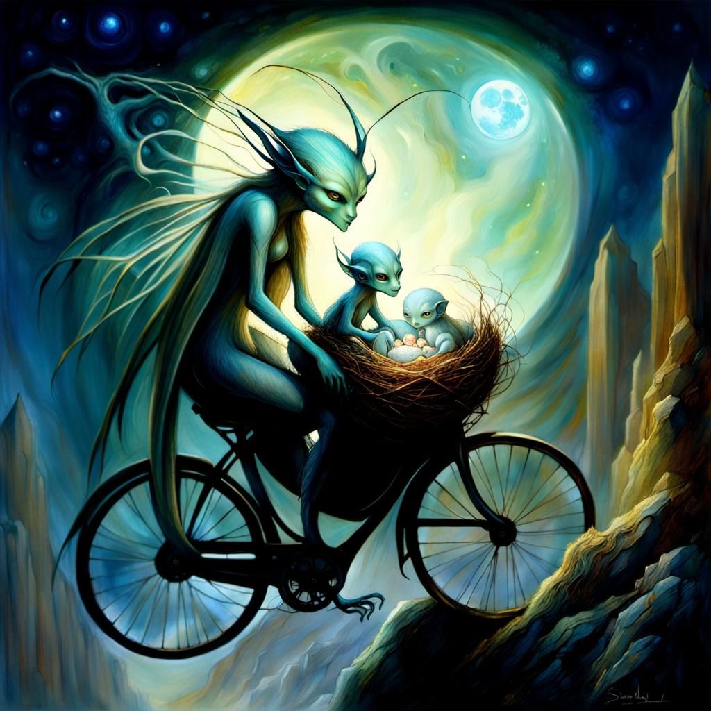 Monster Family Stares at Fireflies in Surreal Moonlight