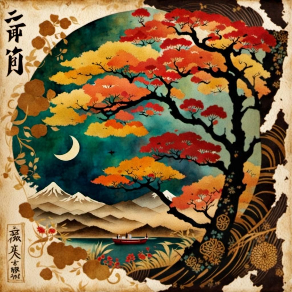 Vivid Japanese Autumn Watercolor on Ancient Paper