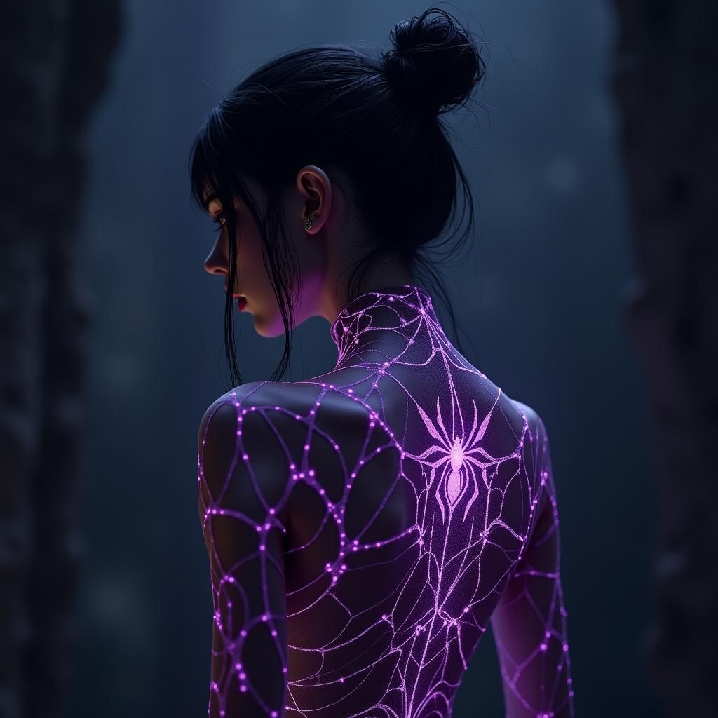 Gothic Woman in Spider Web Suit with Rune Tattoos