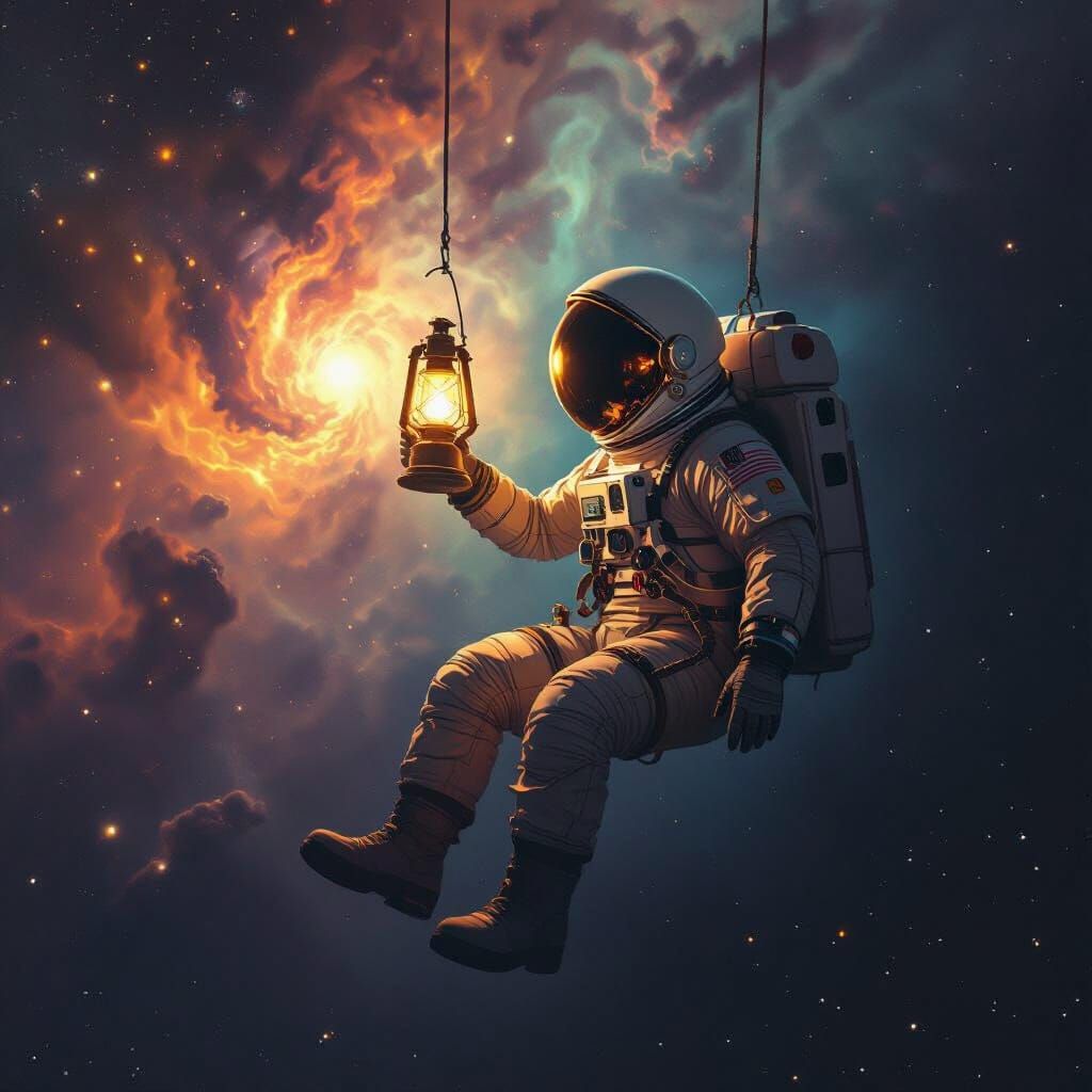 Astronaut with Lantern in Space, Matte Painting