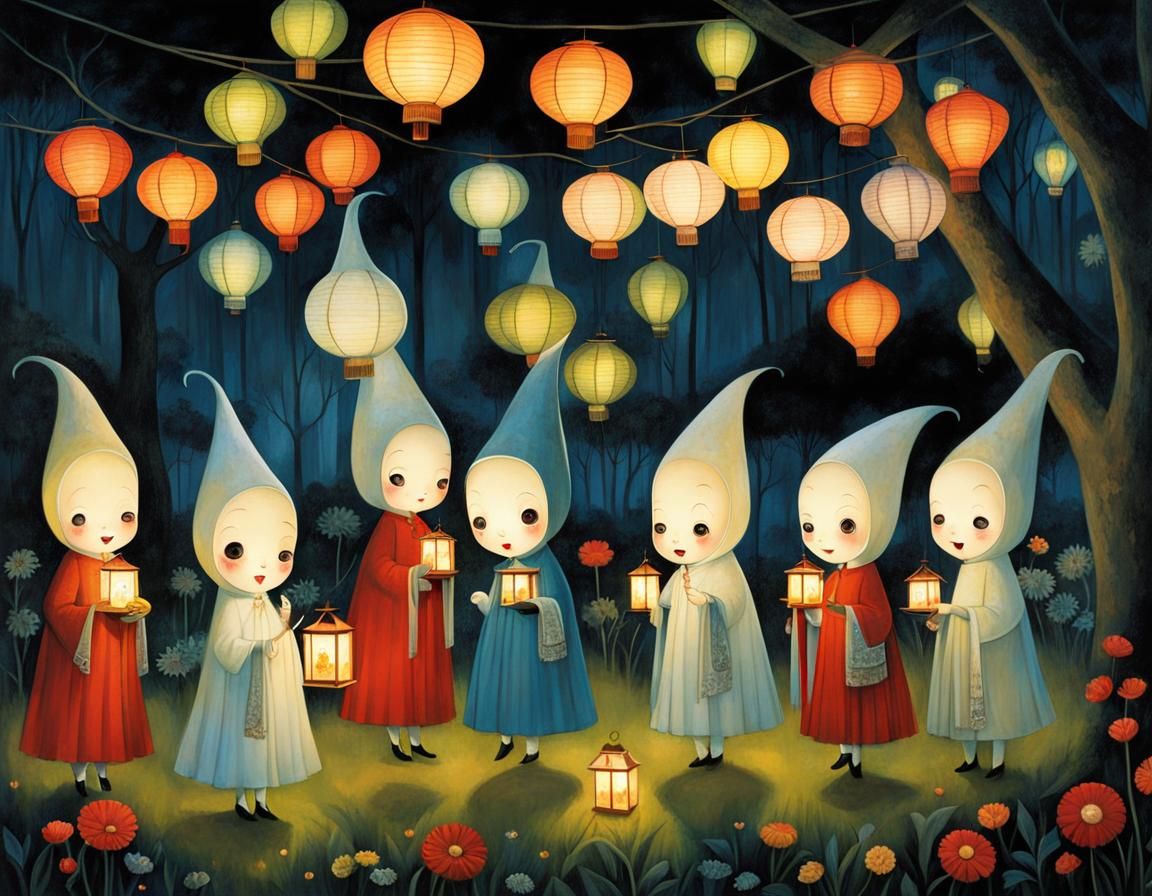 Ghosts' Lantern Garden Party in Illustrative Style