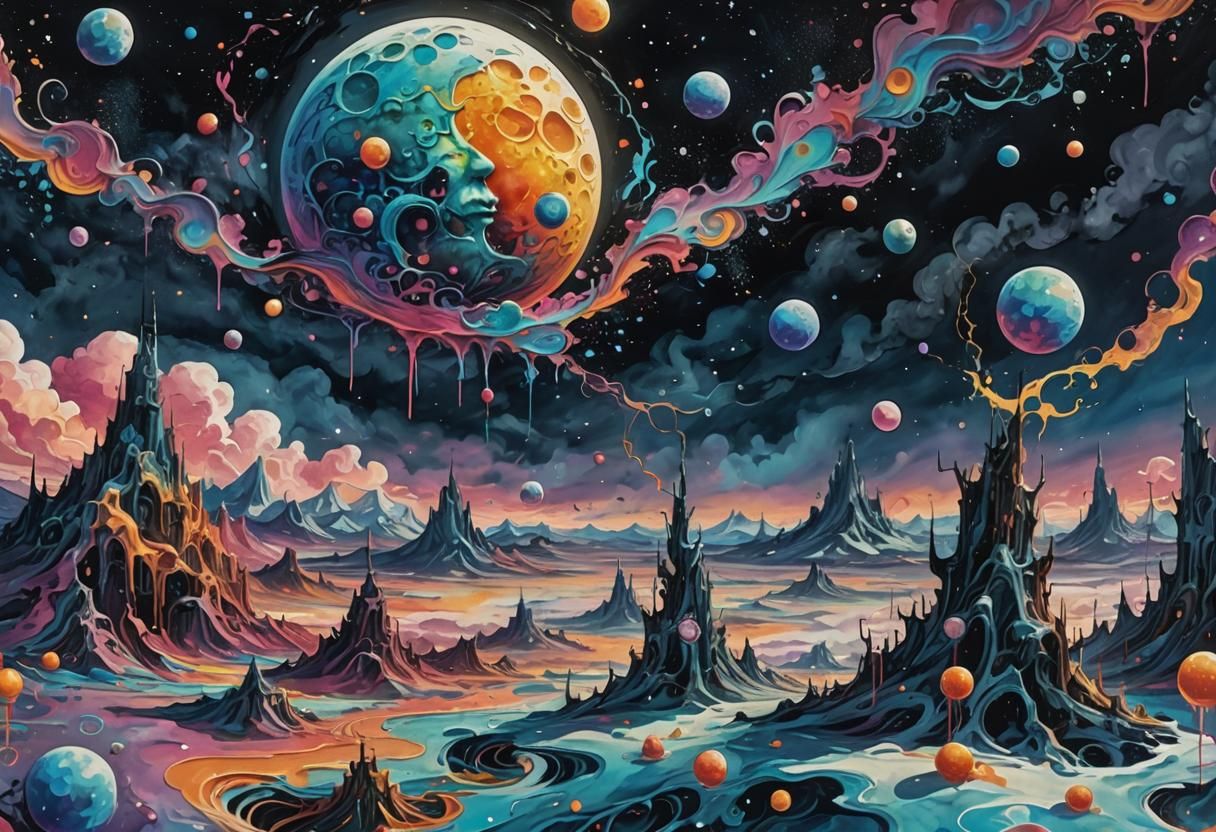 Surreal Dreamlike Moon Amidst Vibrant Clouds