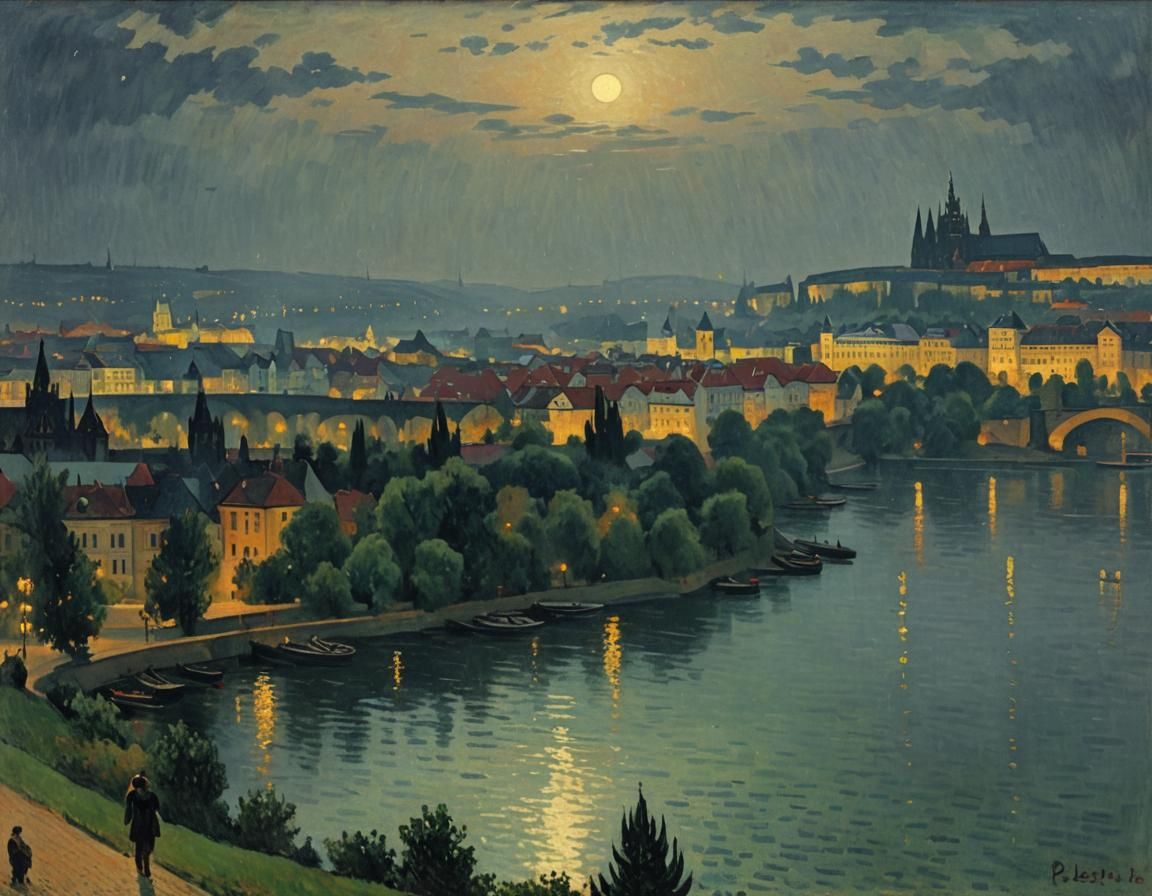 Prague Nightscape in Impressionist Style