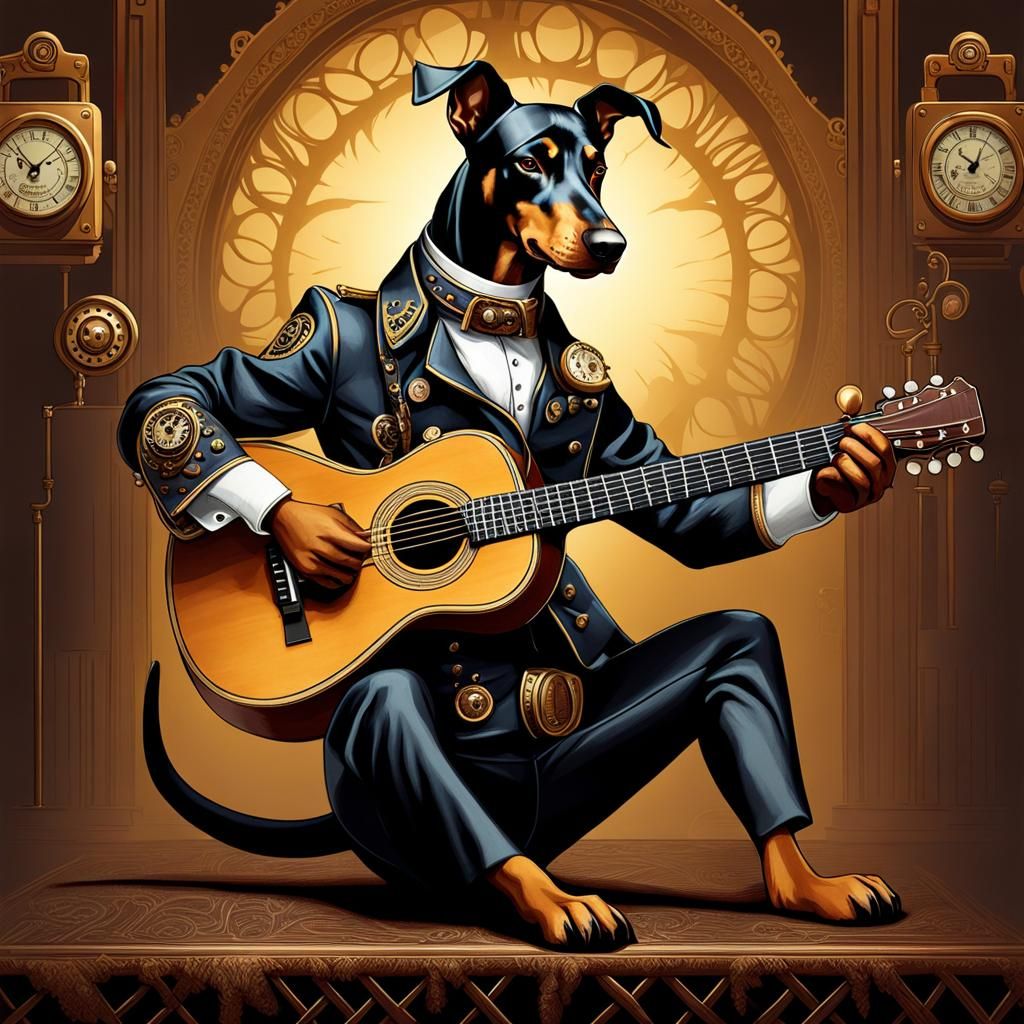 Steampunk Doberman Guitarist in Realistic Style