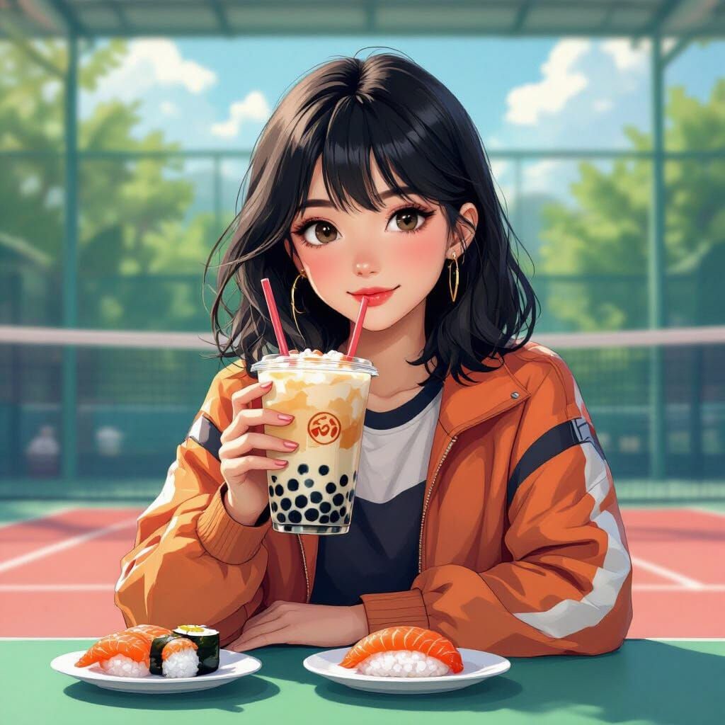 Teenager with Taro Milk Tea at Badminton Court