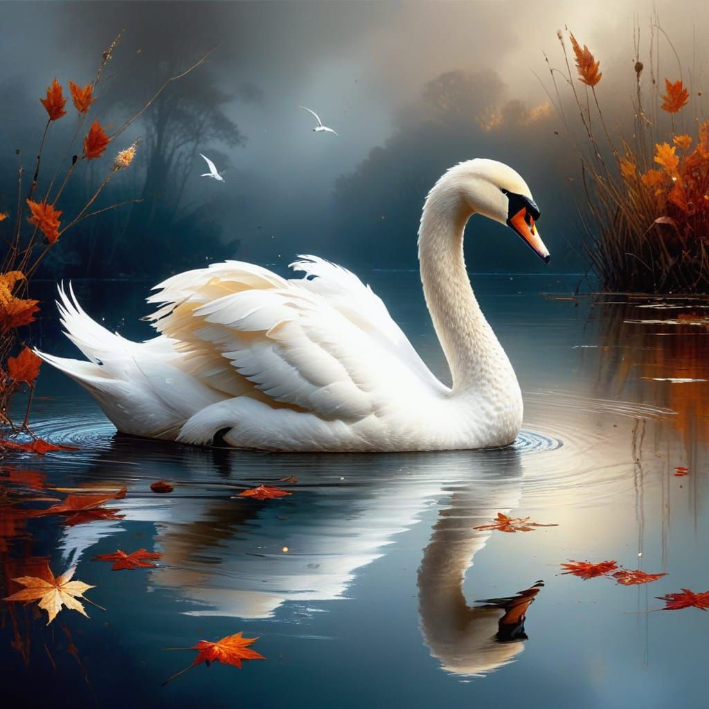 Autumn Swan Masterpiece in Hyper-Realistic Digital Art