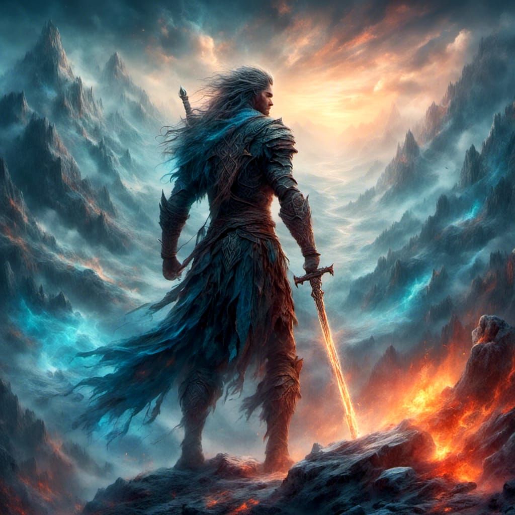 Heroic Warrior with Magical Sword in Fantasy Art