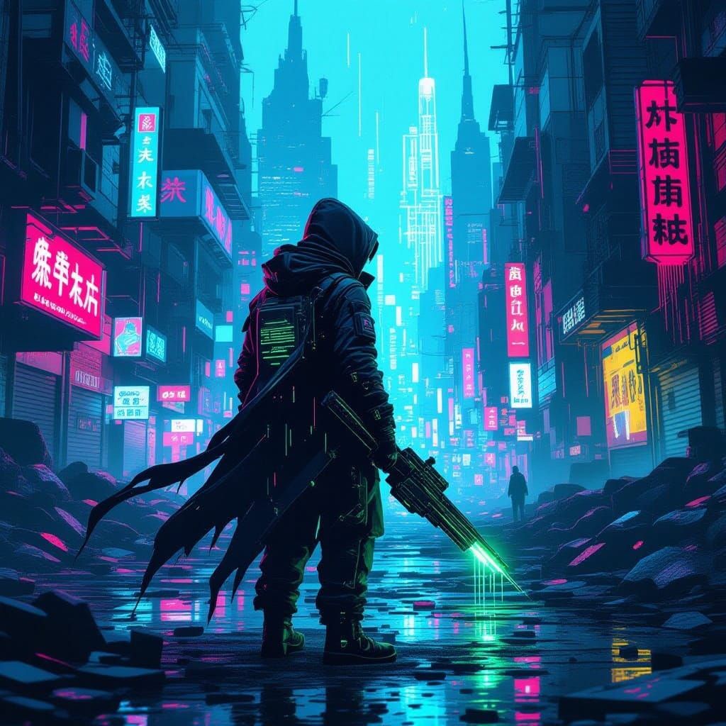 Dystopian Vandal Wielding Code in Neon Metropolis