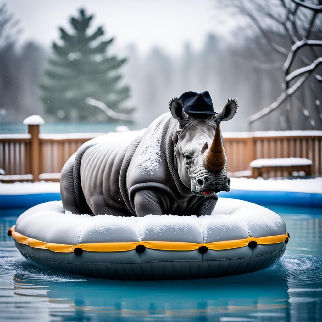Rhinoceros in Fedora on Raft, Winter Photography