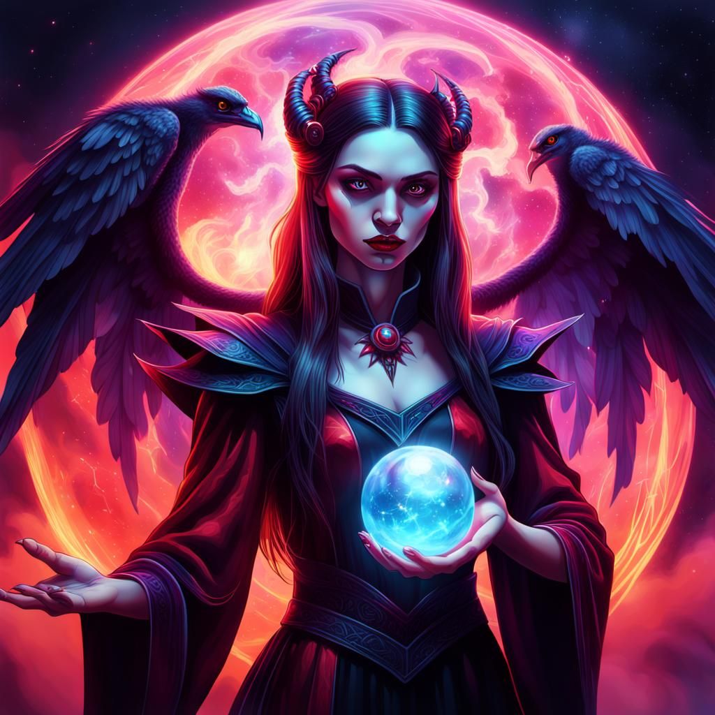 Vampire Sorceress with Imp in Cosmic Style