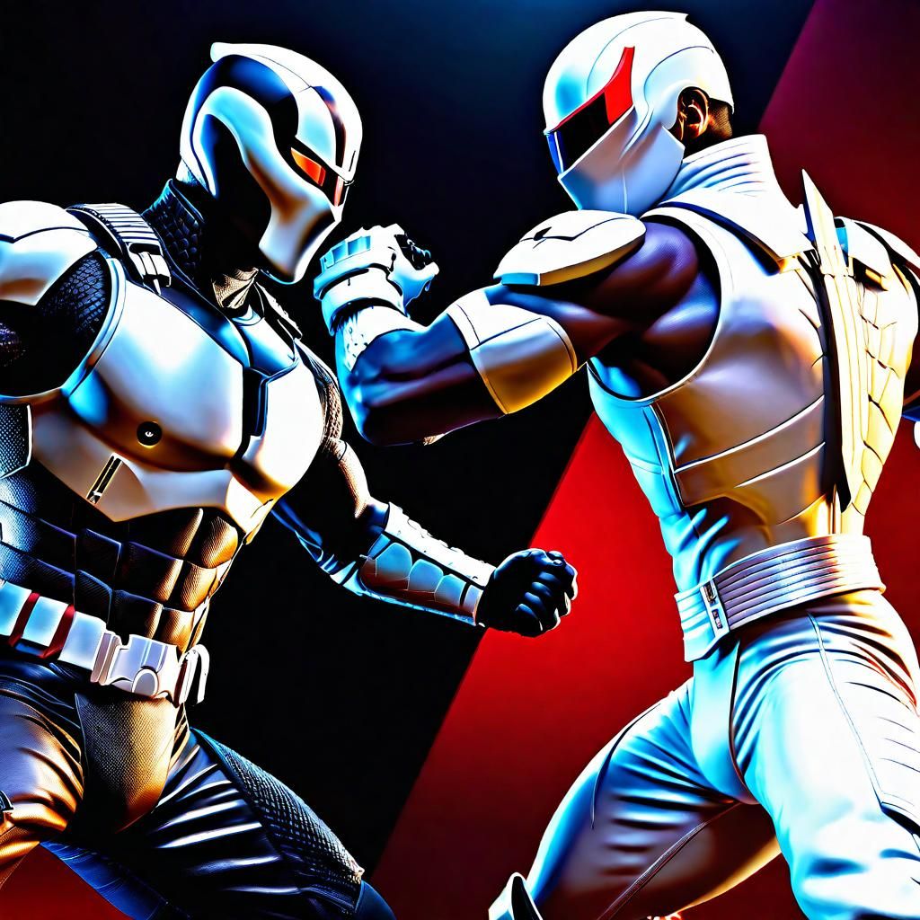 Snake Eyes and Storm Shadow, equal sized, dueling, muscular warriors Hyperrealistic, splash art, concept art, close-up p...