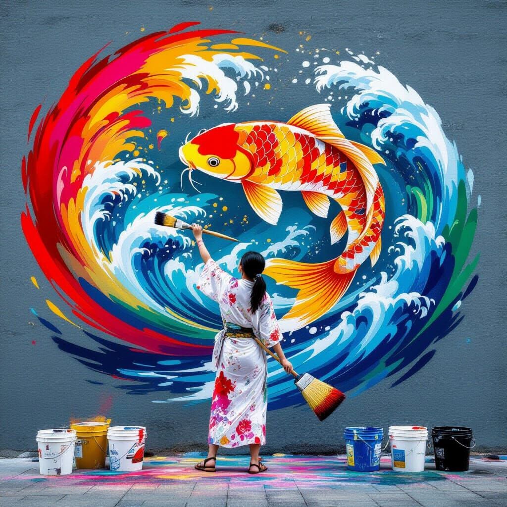 Street Artist Dances, Painting a Vibrant Koi Mural
