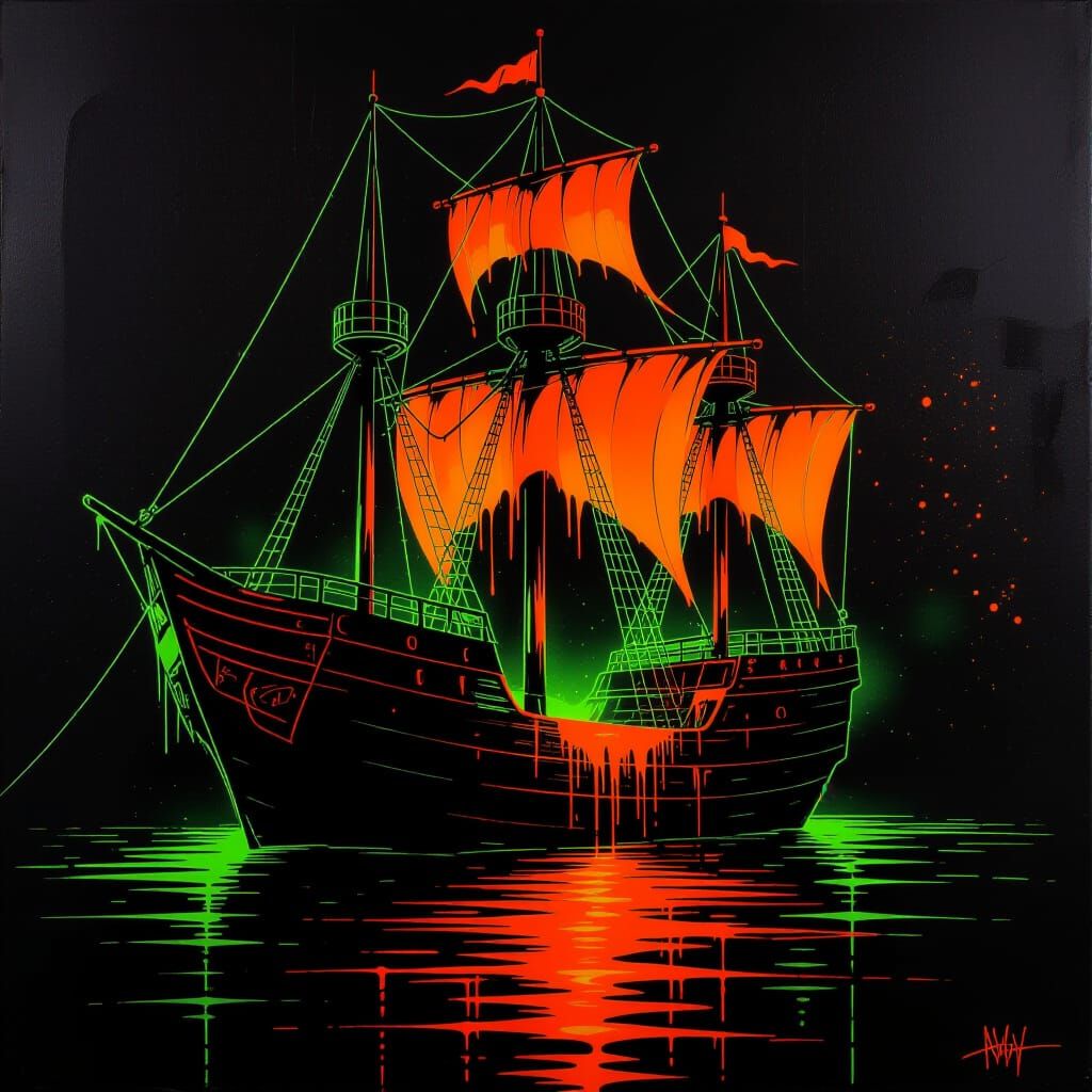 Ghostly Ship in Neon Graffiti Art Style