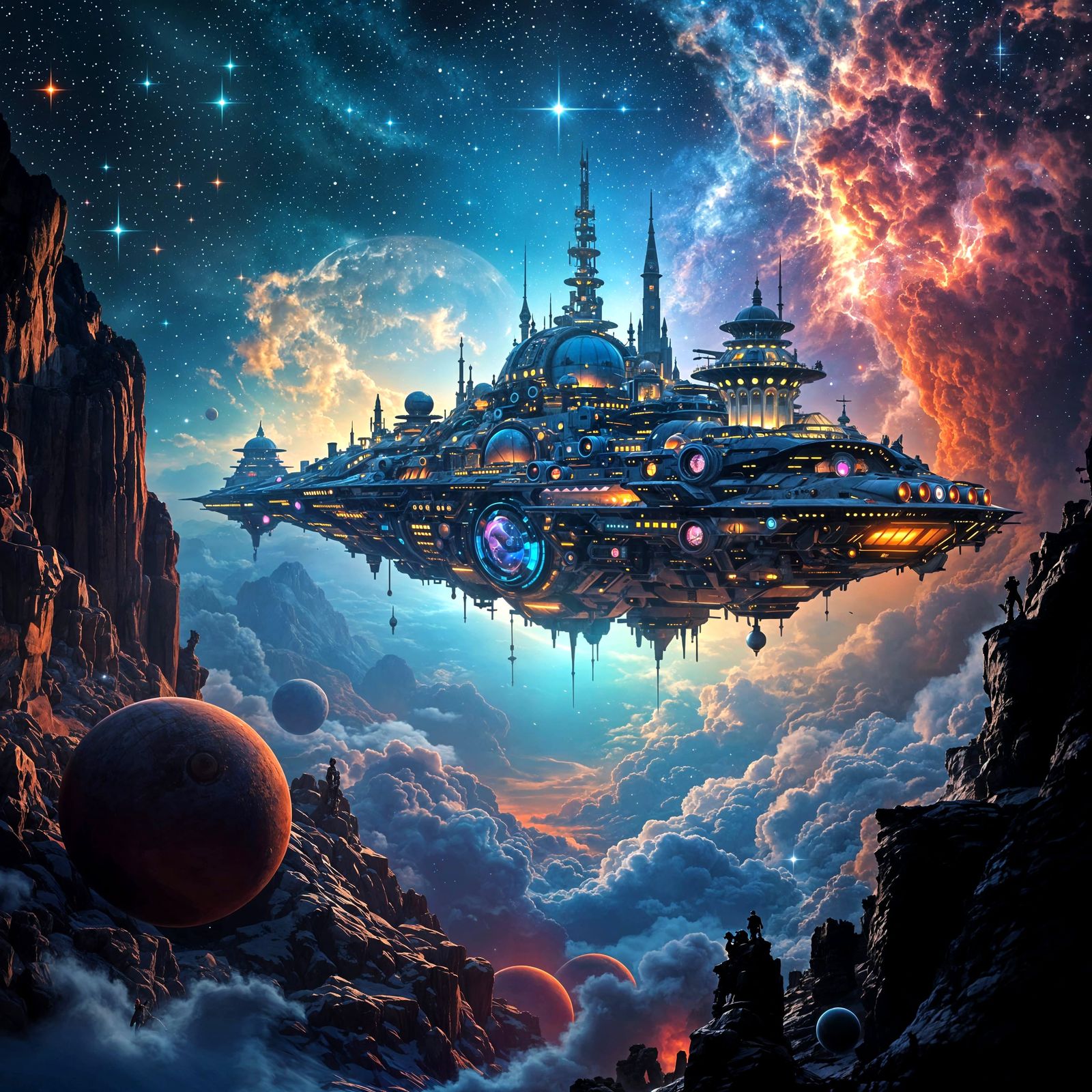 Futuristic Spaceship in Double Exposure Style