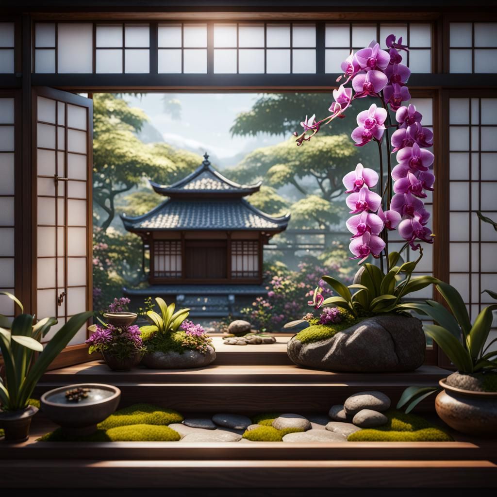 Miniature Japanese House and Orchid Garden, 3D Render