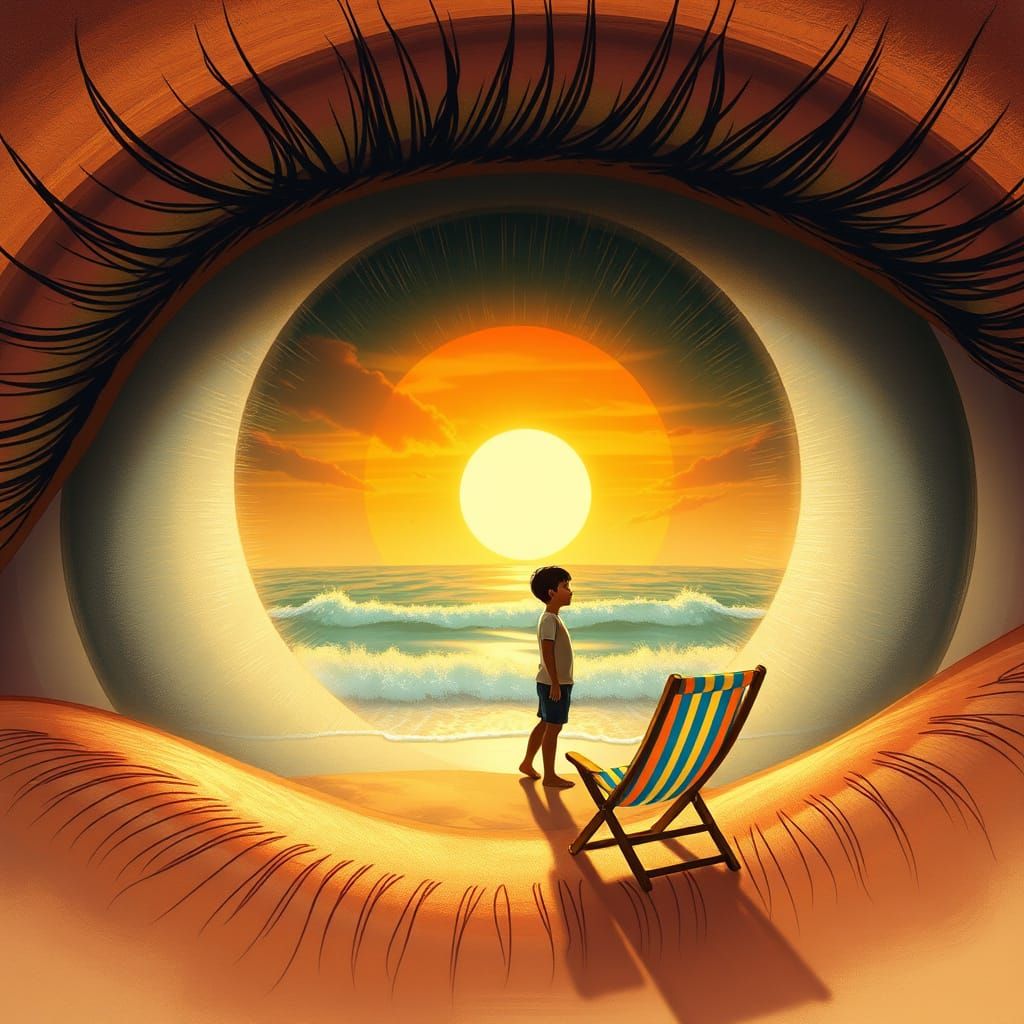 Boy on Beach Inside Eye with Sunset in Retro Sci-Fi Style