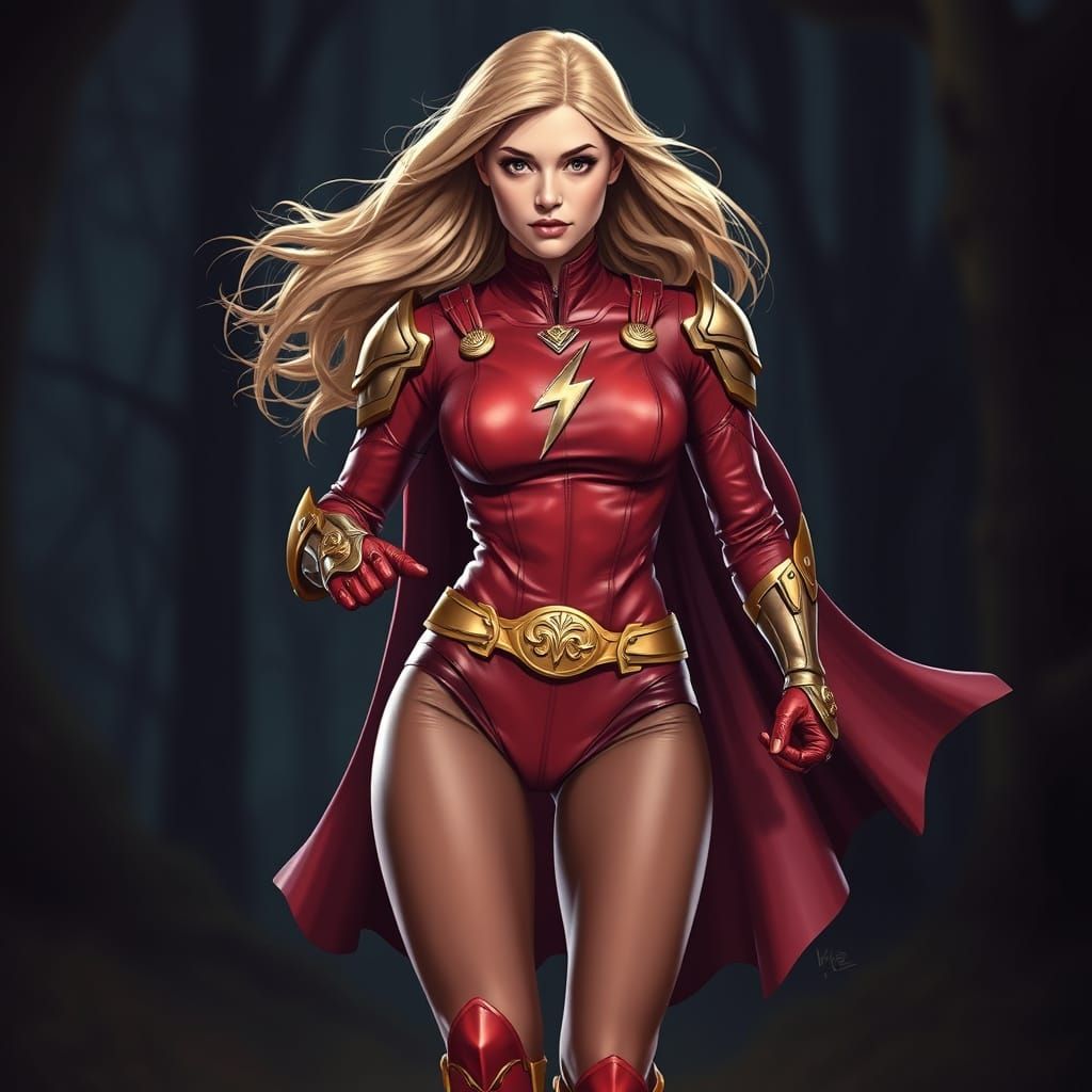 Dynamic Superheroine in Reddish-Maroon Costume with Gold Det...