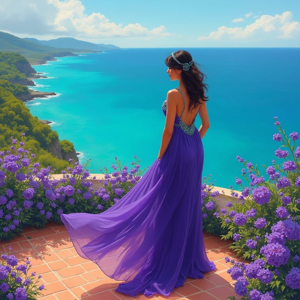 Woman with Turquoise Jewelry Overlooking Violet Fields