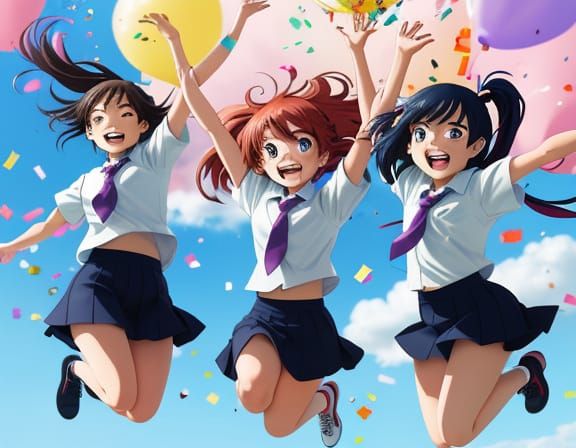 Anime Schoolgirls Celebrate with Confetti