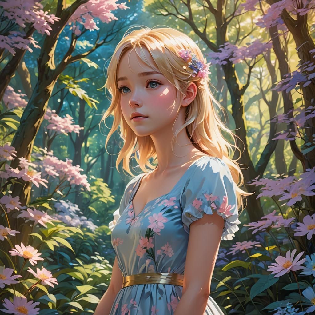 Whimsical Blonde Girl in Floral Forest: Digital Art