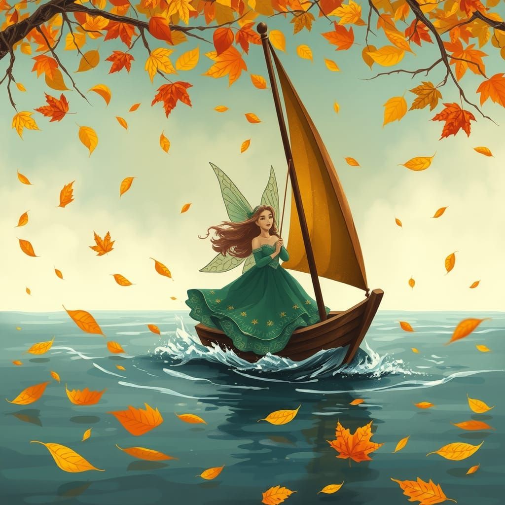 Autumn Fairy Sailing on Leafy Waters