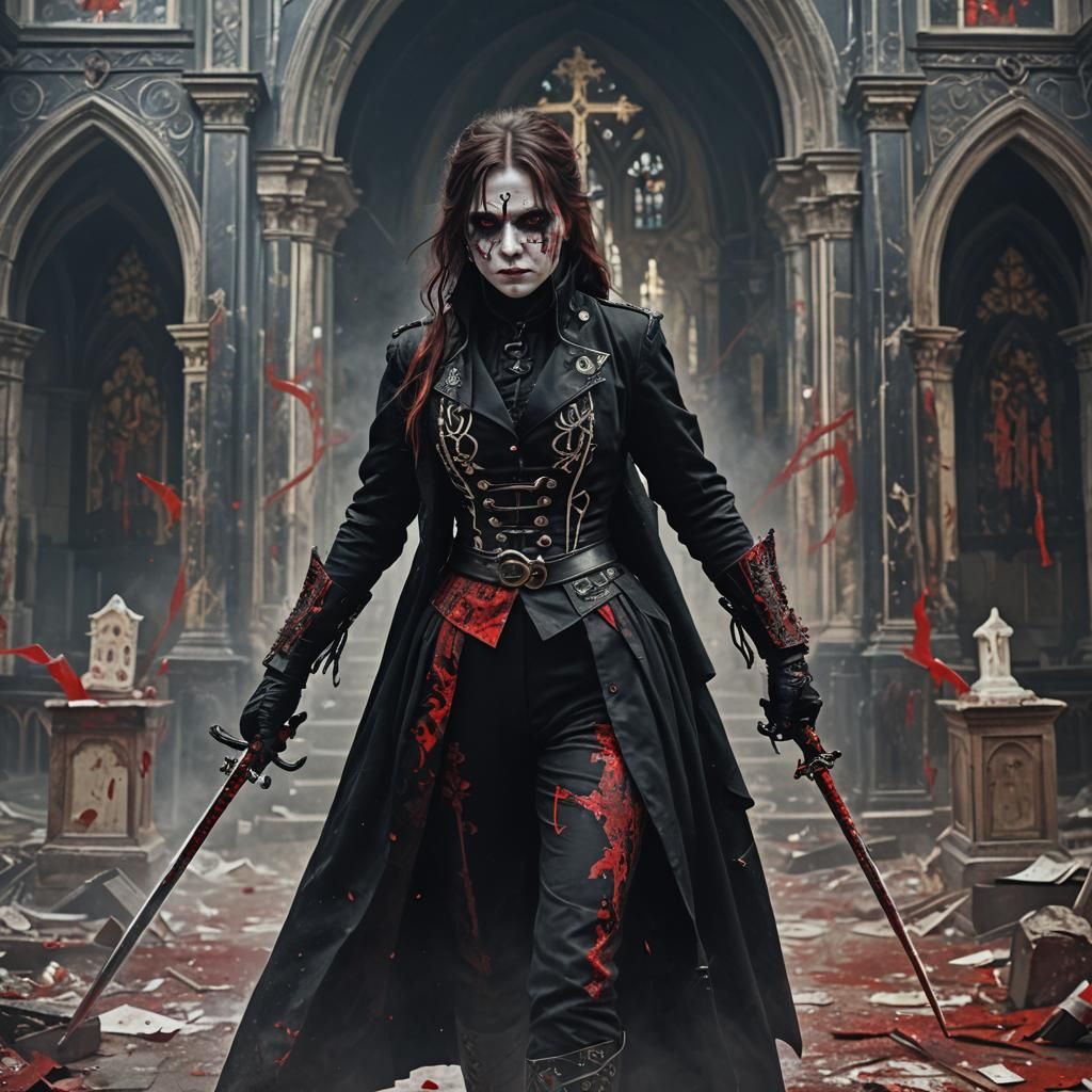 Victorian Assassin Woman with Bloody Foils