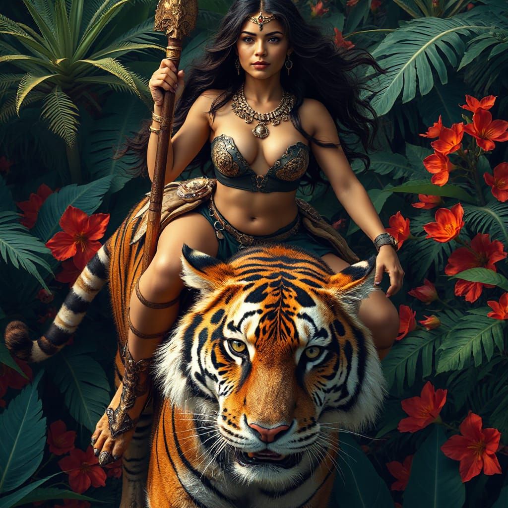 Amazon Warrior Rides Tiger in Vibrant Jungle Landscape