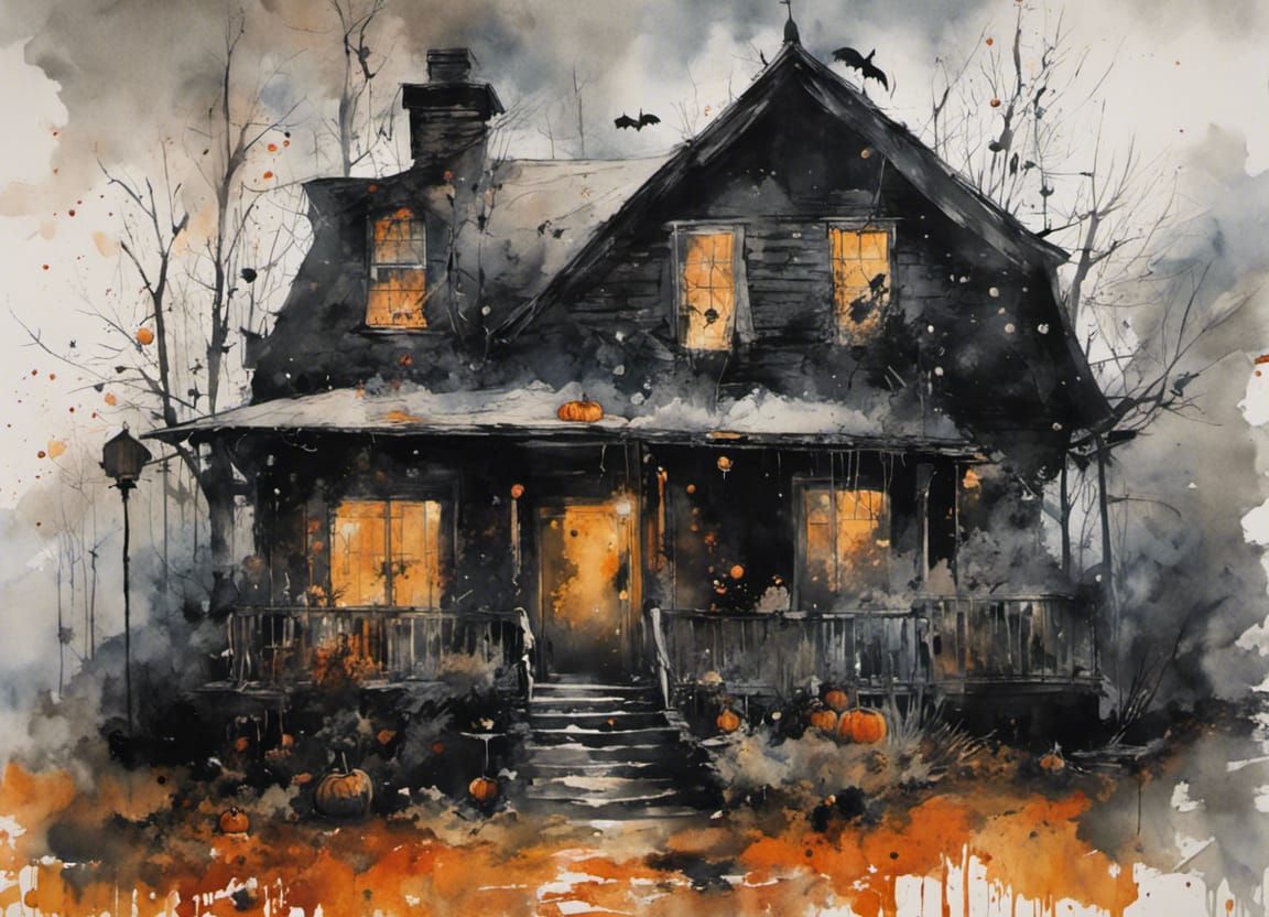 Halloween Scene in Watercolor Style