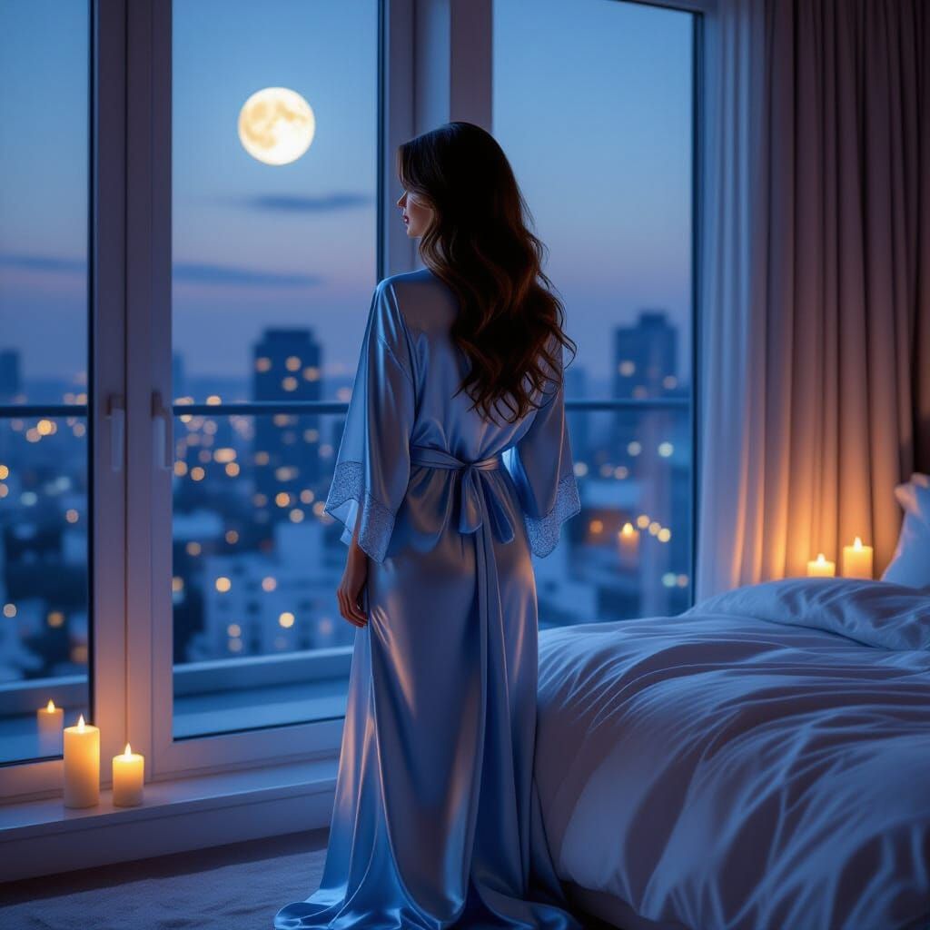Midnight Serenity: Woman in Satin Robe, Art Nouveau Style