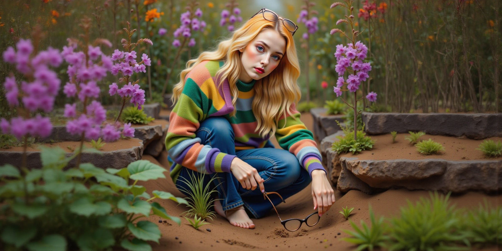 Woman Finds Eyeglasses in Whimsical Garden