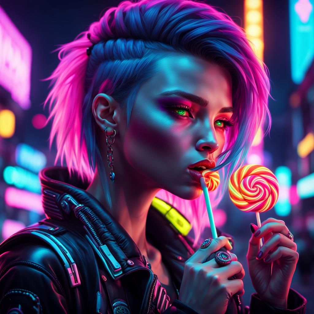 Cyberpunk Woman with Lollipop in Neon City