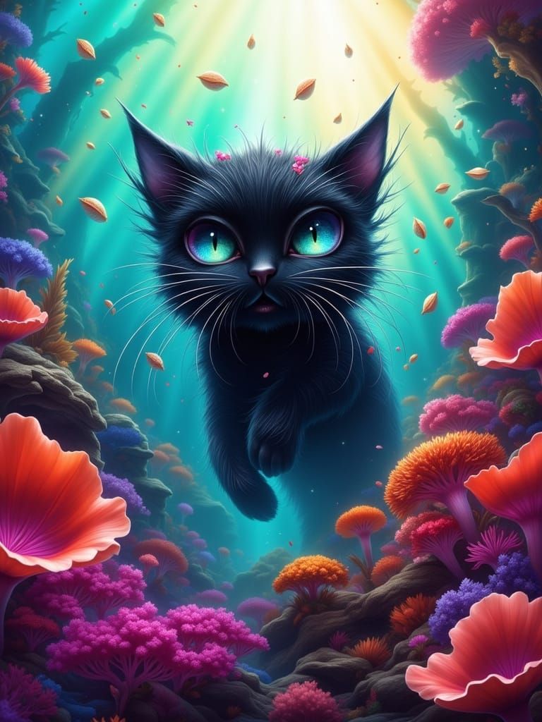 Whimsical Cat Swims Through Vibrant Coral Reef