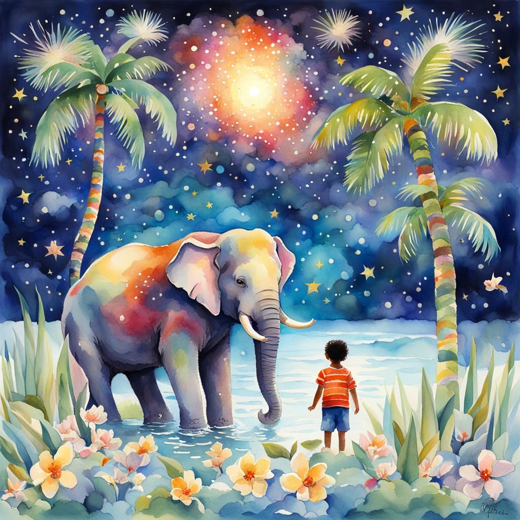 A watercolor depicting a beautiful multicolored Easter eleph...