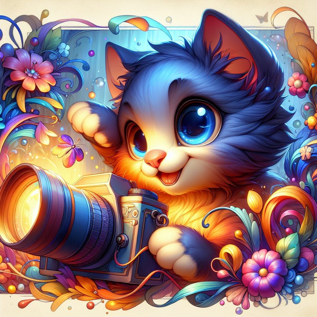 Cute Cartoon Kitten with Camera in Watercolor Style