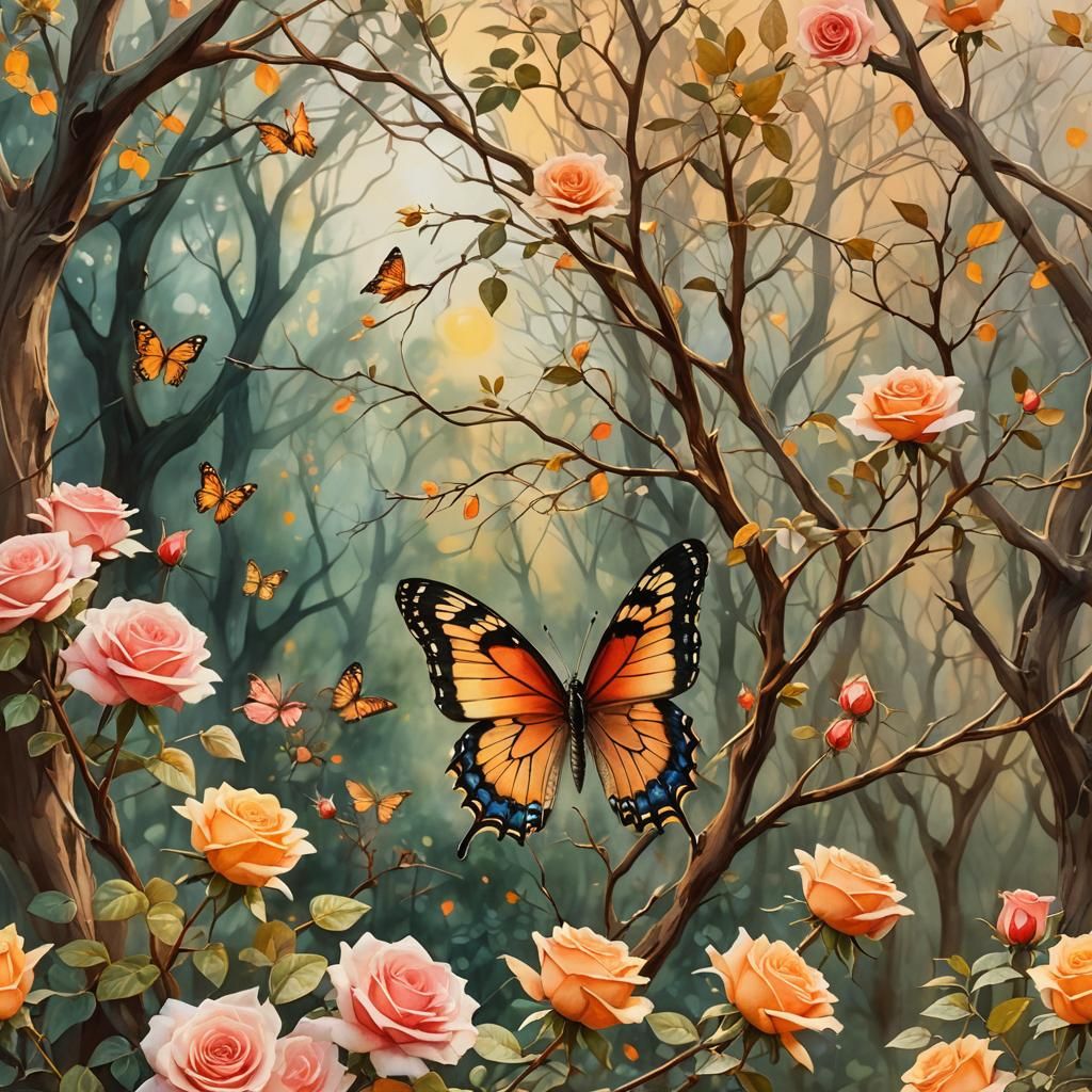 Butterfly on Rose in Surreal Watercolor Landscape