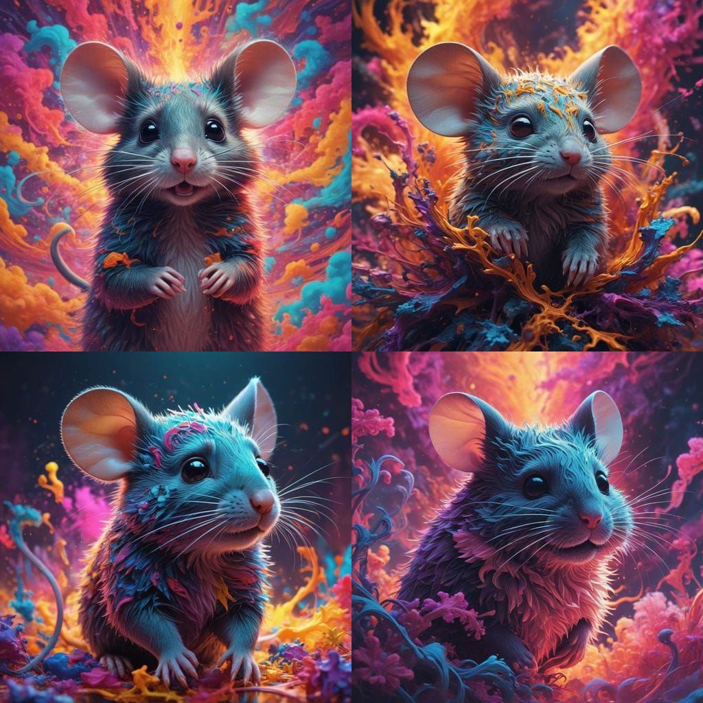 Psychedelic Cartoon Mouse in Vibrant Swirling Mist