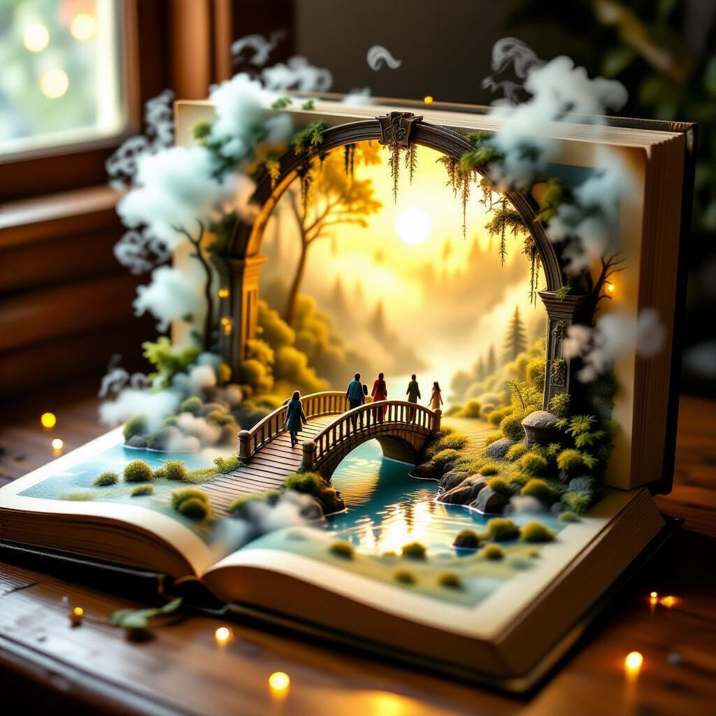 A bridge to a misty forest in open book on a desk  ...