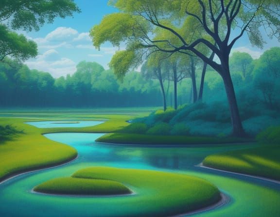 Surreal Panorama of a Shimmering River Oasis